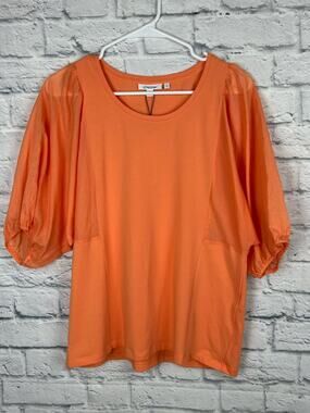 Chico’s Size 1 M Sunset Peach Orange Fabric Mix Dolman Sleeve Top NWT